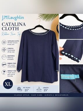 J. McLaughlin Catalina Cloth Navy Ribbon Trim 3/4 Sleeve Top XL
